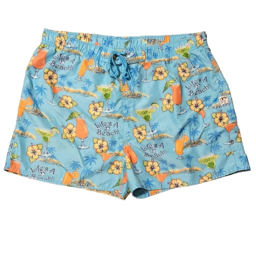 VTG 90s Big Dogs Swim Trunks Mens L Lifes A Beach Tropical Drinks Hibiscus